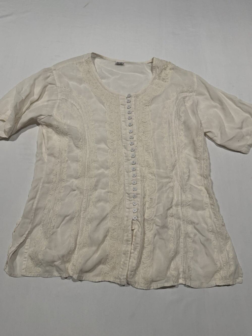 Women’s Ivory Embroidered Cotton Peasant Blouse Boho Cottagecore Large